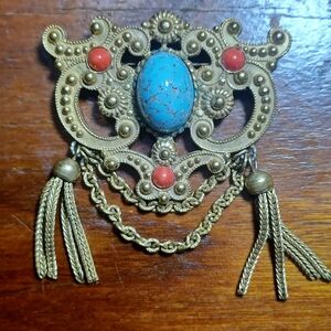 Vintage Richelieu Pin Brooch Gold Tone Blue Turquoise Coral Cabochons Signed